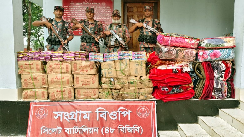 সিলেট ও সুনামগঞ্জ সীমান্তে বিজিবির বড় অভিযান: ৭৮ লাখ টাকার ভারতীয় পণ্য জব্দ