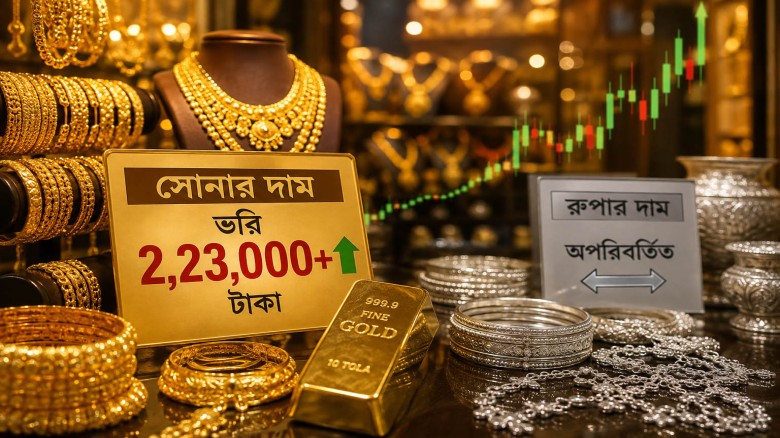 ভরি ২ লাখ ২৩ হাজার ছাড়াল সোনা, অপরিবর্তিত রুপার বাজার